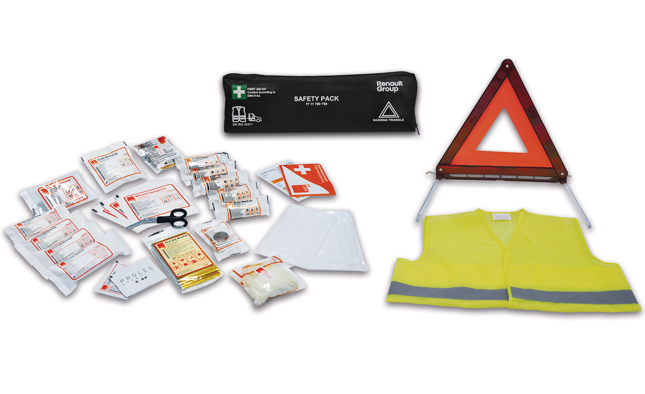 safety kit 1 vest + 1 triangle + 1 first aid kit 